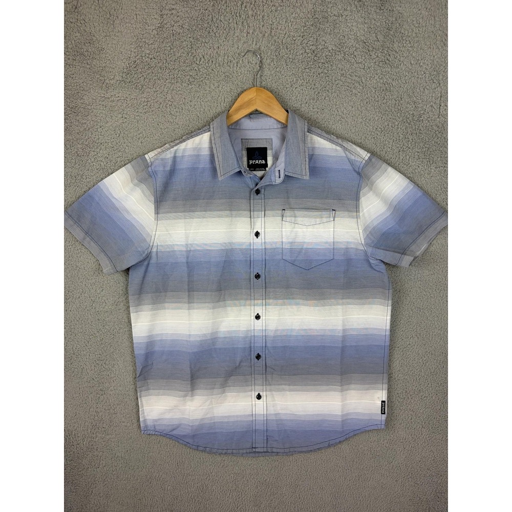 PrAna Shirt Mens Large Blue Stripe Short Sleeve Button Front Casual Lightweight